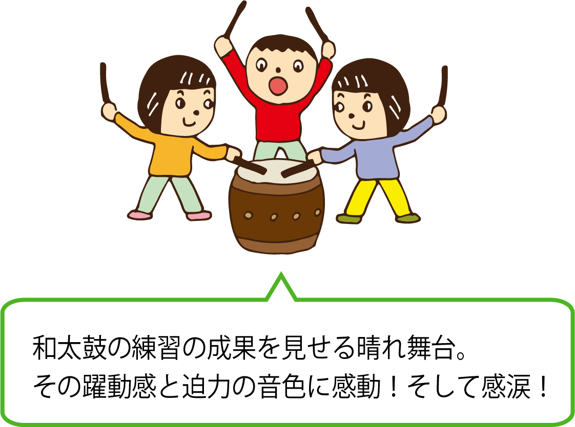 和太鼓の練習の成果を見せる晴れ舞台。その躍動感と迫力の音色に感動！そして感涙！